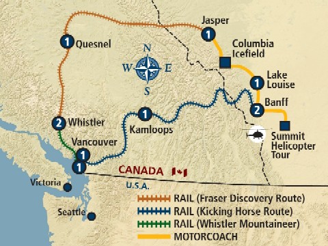 Map of PRIDE Travel’s full Journey on the Rocky Mountaineer Vacations Grand Circle through the Canadian Rockies Map of PRIDE Travel’s full Journey on the Rocky Mountaineer Vacations Grand Circle through the Canadian Rockies